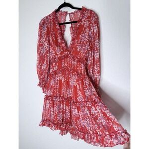 Saints Secrets Boho Tiered Sheer Dress M Red Floral Open Back Ruffled